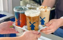 Dutch bros drink carrier with a variety of coffees and drinks